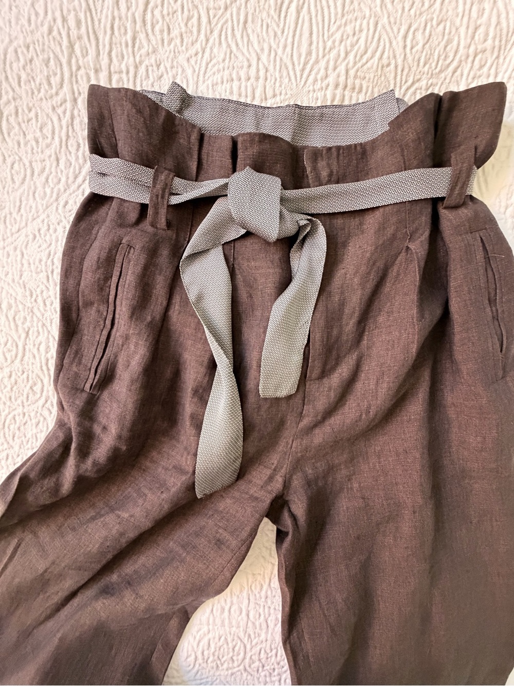 Italian Brown Linen Paperbag Waist Trousers with Silk Tie